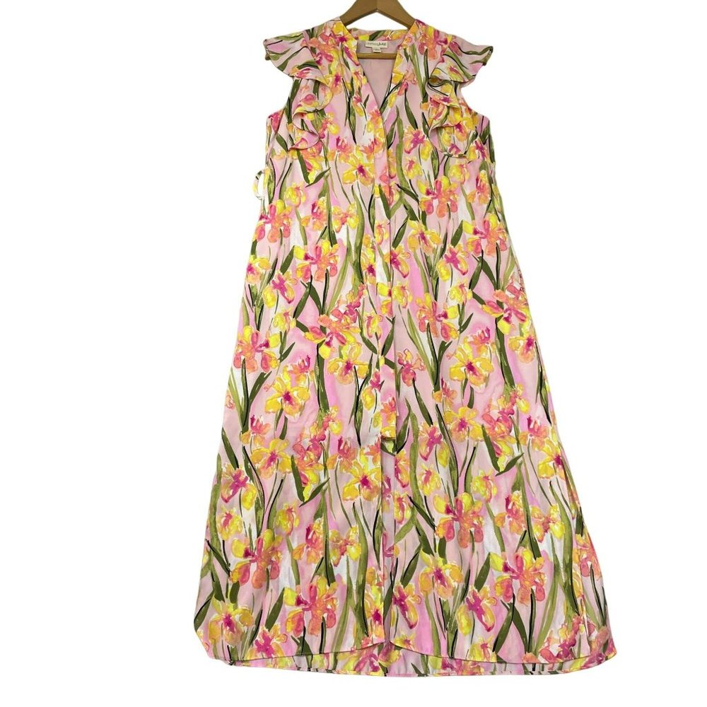 Maison Jules Floral Button Midi Shirt Dress Size S Pink Slits Flutter Cap Sleeve